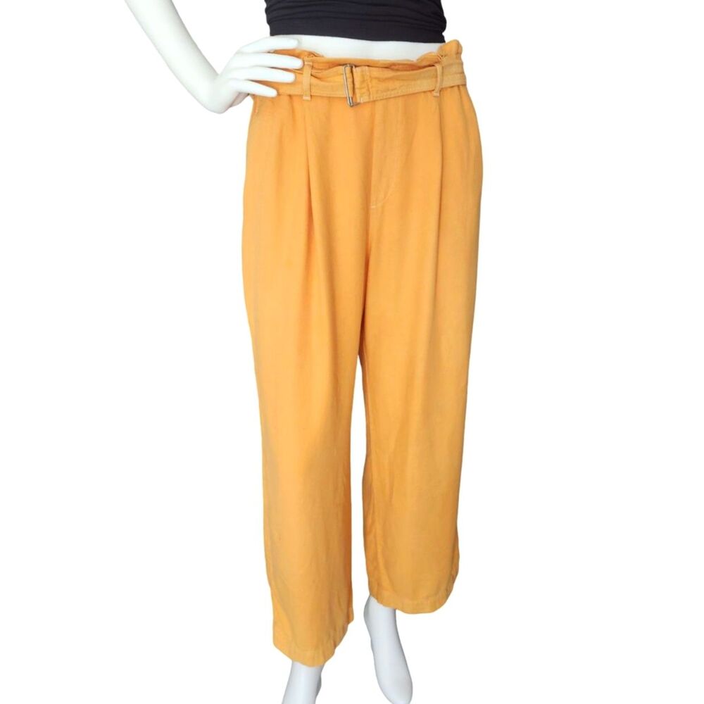UNIQLO Belted Linen Rayon Wide Leg Pants Yellow Orange Mustard Size M